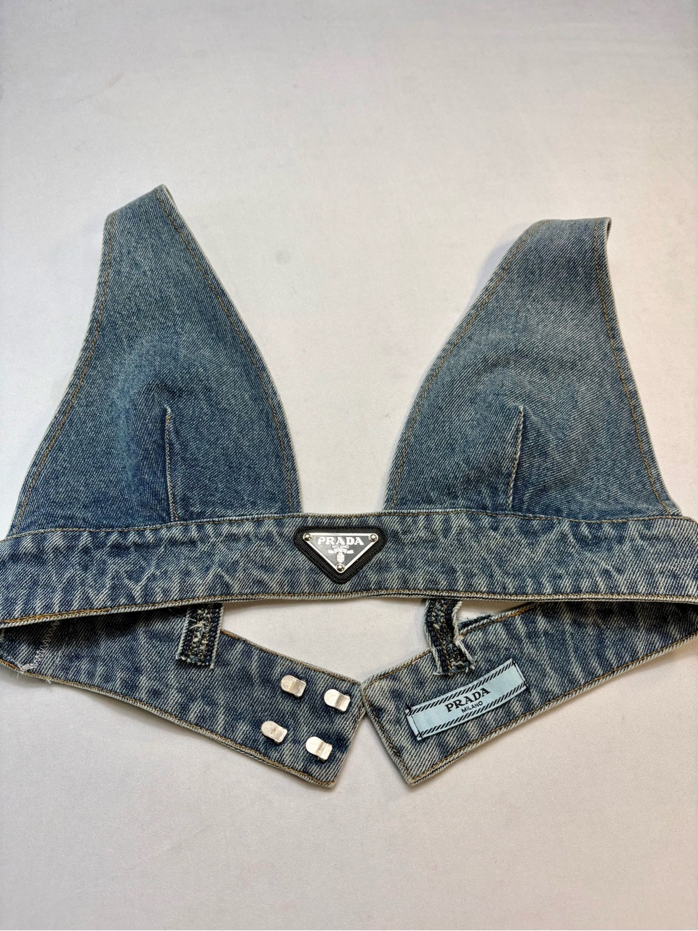 Prada triangle Logo organic denim Bralette  Crop Top blue wash Size S Altered